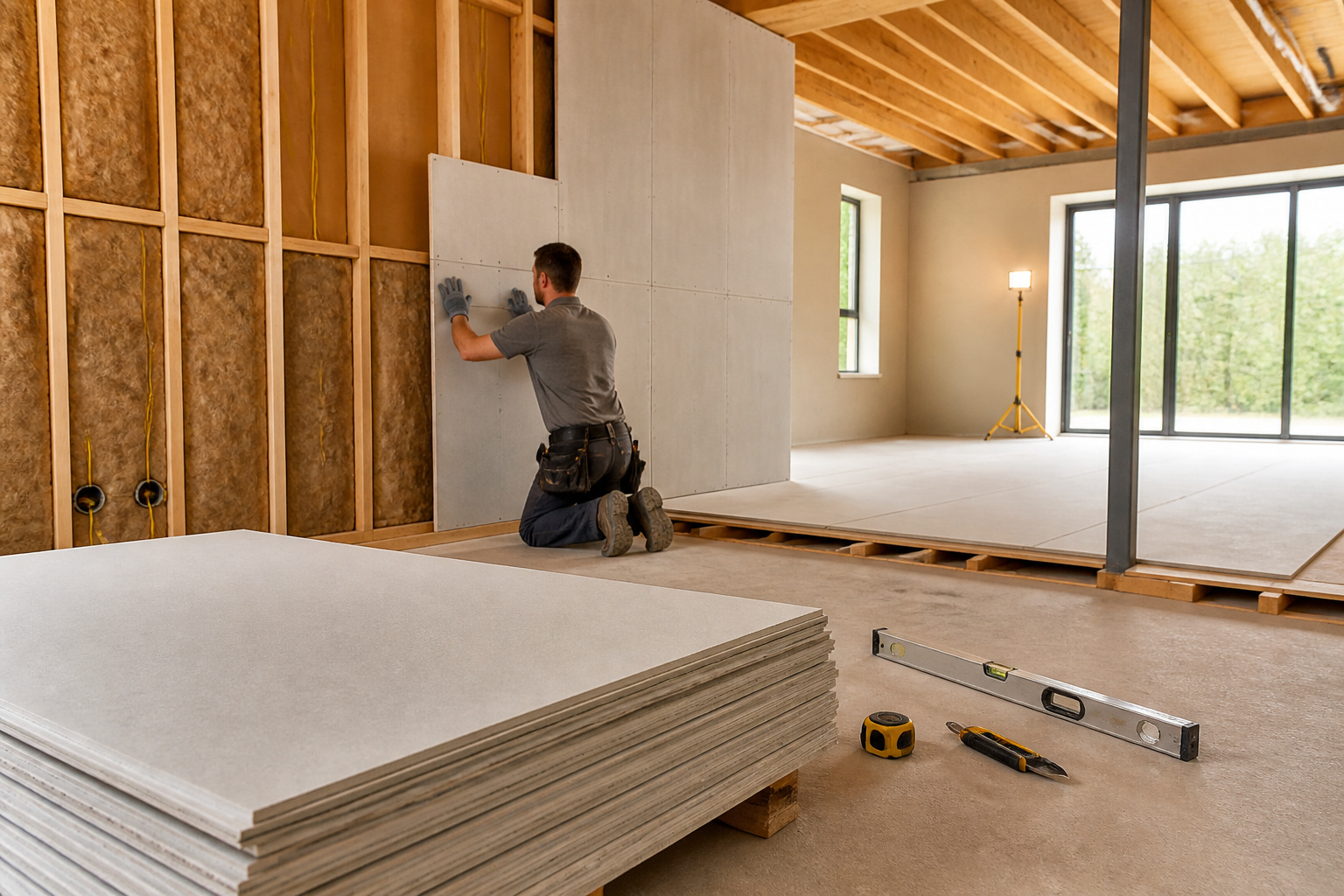 Chantier interieur moderne avec panneaux fermacell