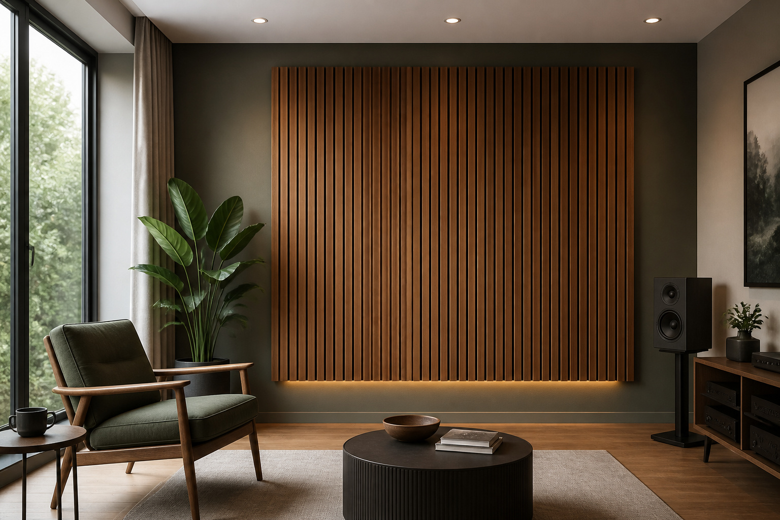 Salon moderne avec panneau acoustique en bois