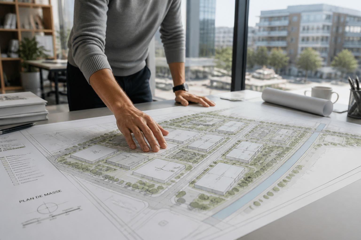 Architecte examinant un plan de masse
